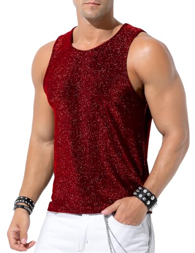 Arjen Kroos Men's Sequin Tank Top, Gold Glitter Rave Sleeve Shirts, Sparkly Disco Mens Vest - Main Image
