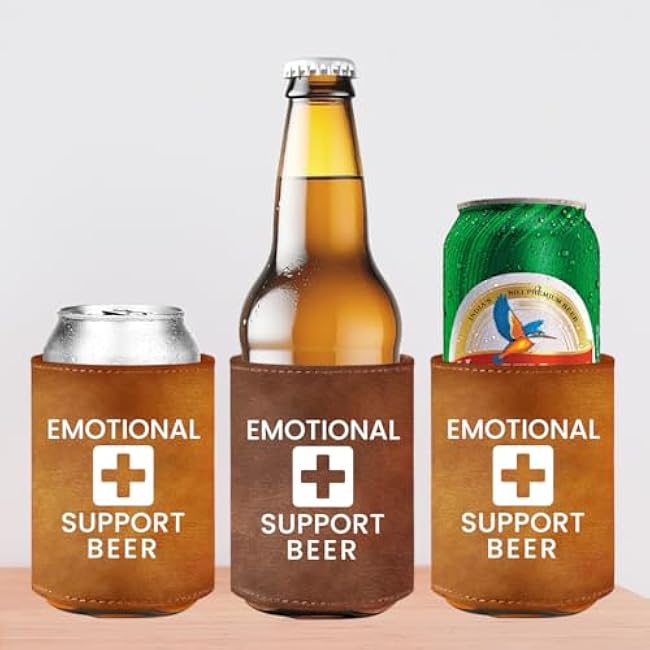 2pcs Emotional Support Beverage Beer Can Cooler Sleeves Leather Beer Holder Fathers Day Birthday Gifts for Beer Lover Dad Him Men Father Husband Funny Party Supplies Decorations