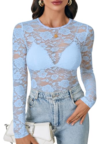 LYANER Women's Floral Lace Sheer Mesh Sexy Blouse Light Blue Large