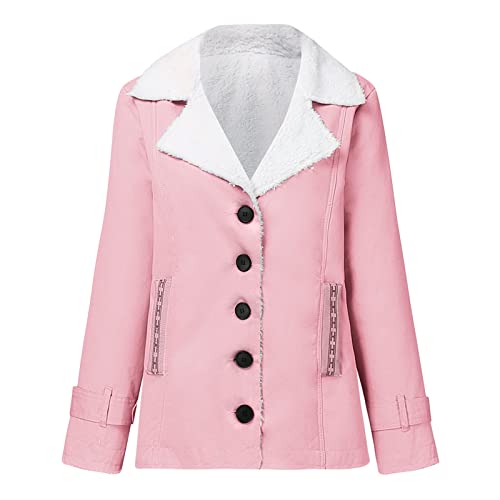 Womens Winter Coats Lapel Sherpa Lined Jackets Faux Fur Plush Outerwear Button Down Parka Long Sleeve Pocket Anorak(Pink#02,Xl) #TOP3