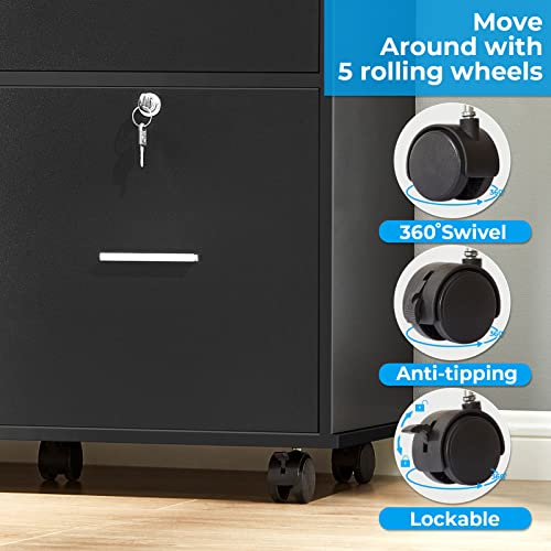 Greenforest Wooden File Cabinet 2 Drawer Lateral Filing Cabinet With Lock Mobile Printer Stand With Open Storage Shelves For Home Office Fits A4, Letter Size And File Folders, Black #TOP4