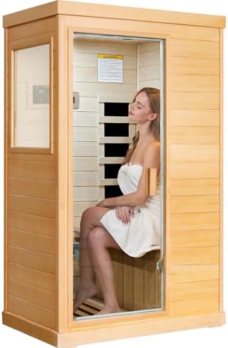 OUTEXER Far Infrared Sauna Home Sauna Spa Room Canadian Hemlock Wood 800W Indoor Saunas Low EMF 110V with Control Panel and Tempered Glass Door, Room: 35.2 * 27.6 * 61.6Inch