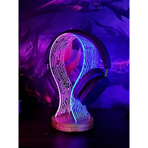 YuanDian Headphone Stand, Walnut Wood Headset Holder with Blue Pink LED Night Light for Gamers, Men, and Music Lovers - Perfect Desk Gift Idea Cover