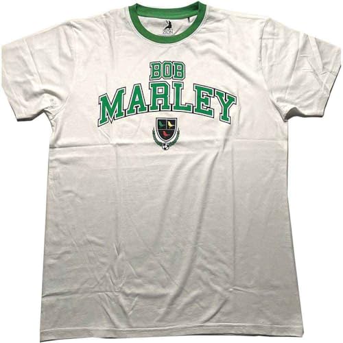 Bob Marley T Shirt Collegiate Crest Official Unisex White Ringer, T-Shirt Mixte, White,