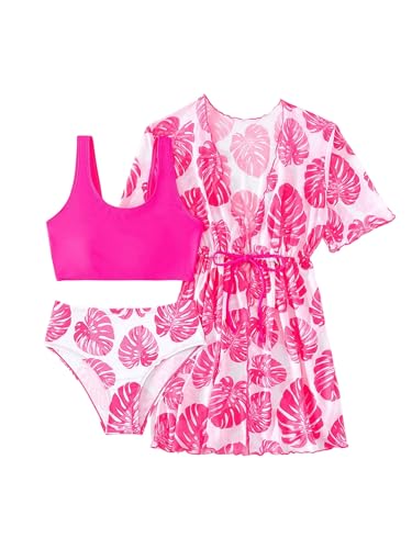 Milumia Girl's 3 Pieces Swimsuits Tropical Print Scoop Neck Bathing Suits with Kimono Cover Ups Hot Pink 9Y2