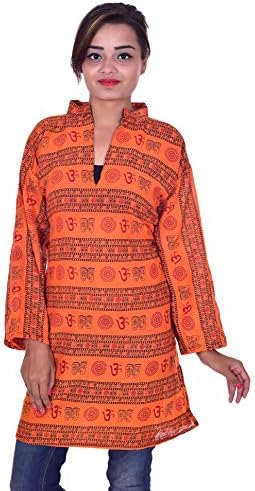 lakkar haveli100% Cotton Indian Top Kurta Women Ethnic Tunic Kurti Plus Size Om Print Orange Color