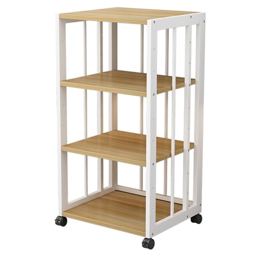 Mueble Tocadiscos Blanco y Nogal de 4 Niveles con Ruedas de Freno para Salón