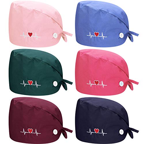 6 Pieces Bouffant Hats with Button and Sweatband Unisex Adjustable Tie Back Hats (Dark Green, Pink, Blue, Dark Purple, Dark Blue, Rose Red)