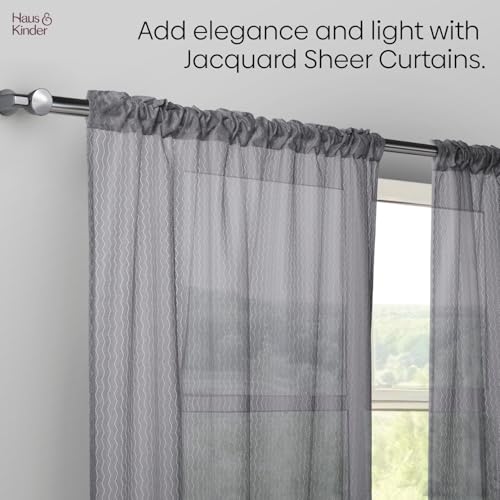 Image of haus & kinder Jacquard Sheer Window Curtains 5 Feet Long Pack of 2 Window Curtains, 5 Feet Curtains for Window, (Abstract Geometric Design, Ocean Ripple Ice Blue, 114x152cm)