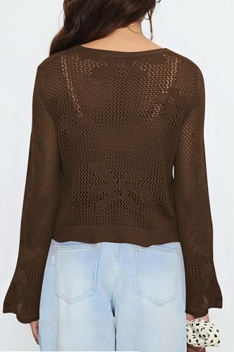 Image of Balimtoy Women Tie Front Cardigan Crochet Sweater Crop Tops Cute Bell Long Sleeve Knit Shrug Beach Vacation Cover Up