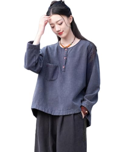 Women Warm Fleece Lined Henley Neck Cotton Linen Sweatshirt Pullover Fall Casual Long Sleeve Warm Tops (US, Alpha, One Size, Regular, Regular, Navy)