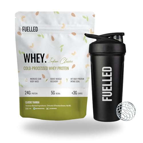 Image of Fuelled Whey Protein Powder Concentrate & Isolate with 24 g Protein, 5 g BCAA (2 kg, 60 Servings) Lab Tested with Plastic Shaker (Classic Thandai)