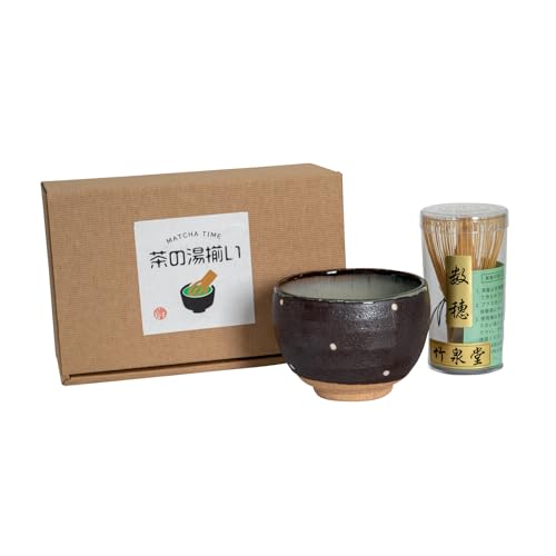 美濃焼 抹茶茶碗 陶器 約径9.5×高さ7cm 約250ml 電子レンジ 食洗機対応 茶筅 茶道具2点セット ゆったり碗 黒一珍水玉 日本製 UM-00164S