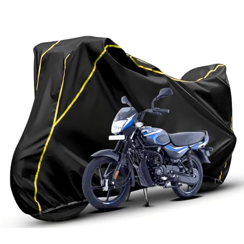 Image of Waterproof Bike Body Cover Compatible with Honda Ct100 Dustproof Scratchproof - Motorcycle Cover for Two Wheeler, Outdoor Full Cover with UV, Duty, Rain Protection (Black & Yellow)