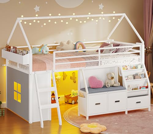 ADORNEVE Low Loft Bed Twin Size with Bookshelf, Reading Nook, LED Kids Loft Bed with 3 Drawers, Under-Bed Play Space, House Loft Beds with Safety Guardrail, Inclined Ladde & Play Curtain, White