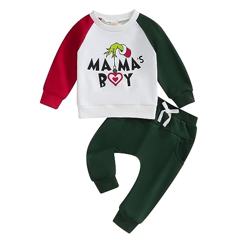 PUHHAPIEY Toddler Baby Boy Christmas Outfit Winter Clothes Contrast Color Santa Graphic Crewneck Sweatshirt + Pants Set (Red Dark Green, 6-12 Months)