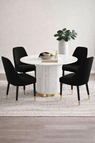 Image of 4 Seater Dining Table Set with 4 Chairs,2yr Warranty - Round Marble Dining Table (91x91x76 cm) - White Marble Top, Solid Wooden Base, Upholstered Chairs with Sheesham Wood Legs - Black