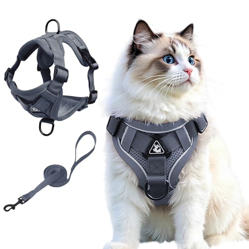Image of Cat Harness and Leash Set, Upgraded Escape Proof Adjustable Vest with Lead for Kitten Puppy Outdoor Walking, Soft Breathable Mesh Jacket with Reflective Strips for Dark Night, M, Gray