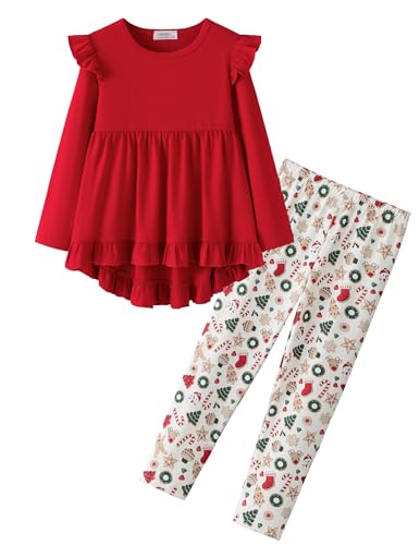 Image of Yekaty Girls Clothes Ruffle Shoulder High Low Hem Long Sleeve Top and Floral Pants 2 Piece Fall Outfits Clothing Set