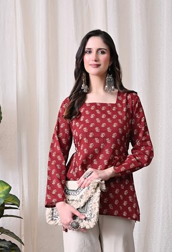 Image of MEERA FAB Women's Floral Printed Cotton Short Kurta Square Neck | Floral Printed Kurta with Full Sleeves | Short Kurti for Women