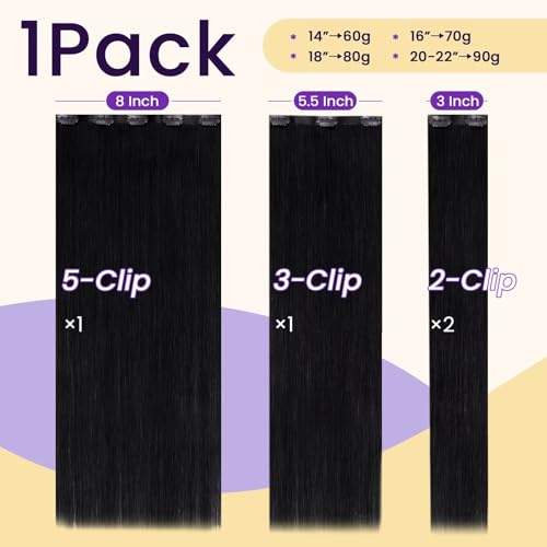 Image of LaaVoo Seamless Clip in Hair Extensions Human Hair Black Seamless Hair Extensions Clip in Black Human Hair Clip on Extension 16Inch 4pcs 80g