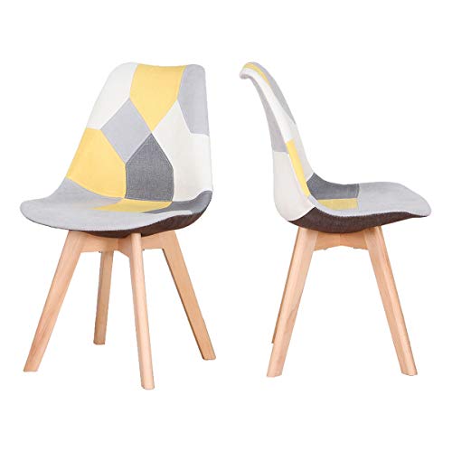 Juego de 2 sillas de comedor de lino amarillo con patas de madera, elegantes asientos de oficina y hogar, sala de estar, cocina y comedor