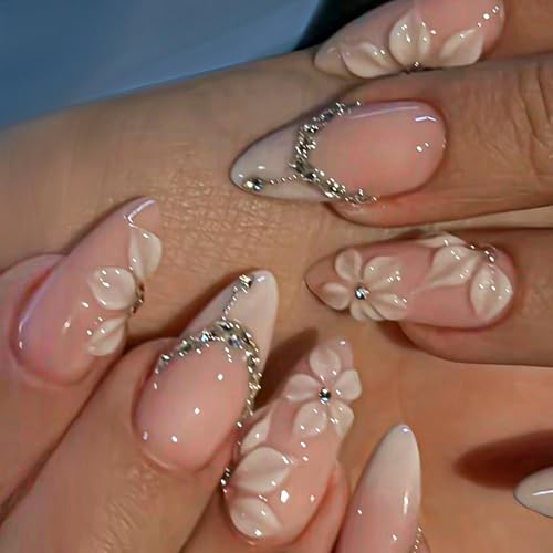 3D White Flower Press on Nails Medium Fakes Nails Almond Shape Fa...