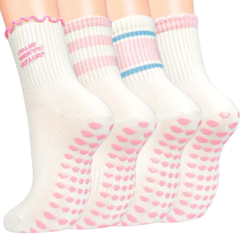 Image of Toes Home Pilates Socks for Women with Non Slip Grippers, Yoga Crew Socks for Barre Hospital Sticky Slipper Socks 4 Pairs