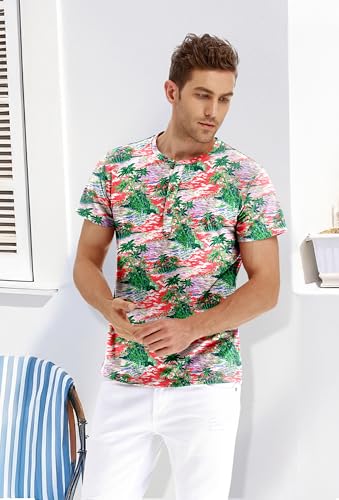 image for PEGENO Mens Short Slim Sleeve Casual Fashion Henley Shirt (Red Palm Tr
