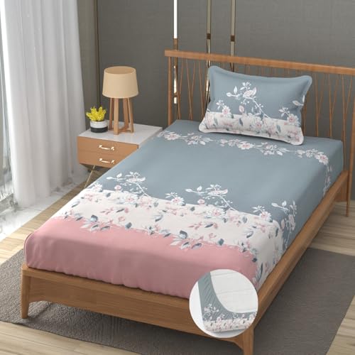 Image of Vram Premium Heavy Cotton Elastic Fitted Bedsheets with 1 King Size Pillow Covers || Single Bed with All Around Elastic 350 TC || 36 x 78 x 6 Inch Single Size Fitted || :- Pink Tricolor