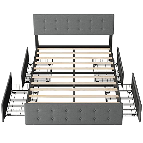 Alkmaar Queen Bed Frame With 4 Storage Drawers,Upholstered Bed Frame Platform With Adjustable Headboard No Box Spring Needed #TOP6