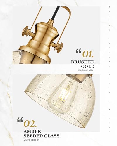 Image of 2-Pack 7.5 inch Brushed Gold Pendant Light Kitchen Island, Amber Shade | Farmhouse Vintage Hanging Light Fixture for Dining Room, Amber Seeded Glass, Adjustable Hanging Height, AD-22151-1P2-GD-OR