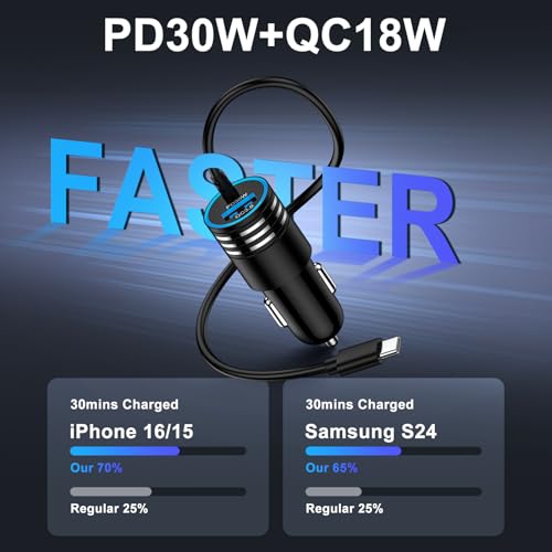 Zigarettenanzünder USB C Adapter für iPhone 17 Pro 16 15, 48W 2 Ports Auto Handy Ladegerät 12V Kfz Ladegerät mit 1M Typ C Ladekabel für Samsung Galaxy S25 Ultra S24 S23 FE S22 A16 A17 A35 A55 5G A56 – Bild 4