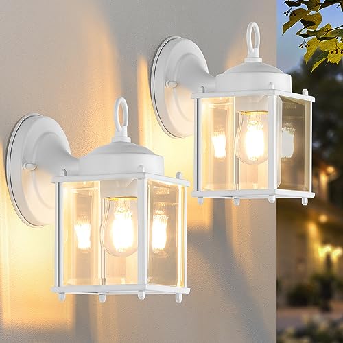 Image of MATAMEYE Outdoor Wall Lantern, Exterior White Waterproof Wall Sconce Lighting Fixtures, Front Door Wall Lights with Clear Beveled Glass Shade, 2 Pack