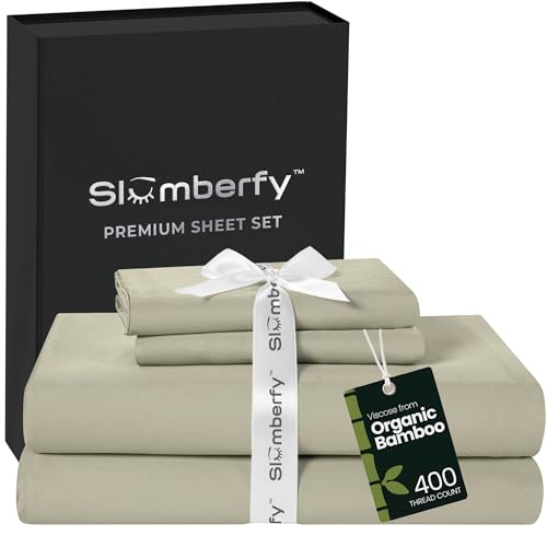 Image of Slumberfy 4-Piece 400 TC Viscose Derived from Bamboo Sheets, Queen Size - 1 Fitted, 1 Flat, 2 Pillow Cases - Deep Pocket Cooling Viscose-Bamboo Bed Sheets in Magnetic Closure Gift Box, Light Green