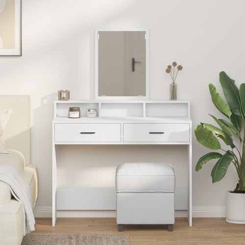 Teenpull Tocador blanco con espejo, 2 cajones, 3 estantes, mesa de maquillaje moderna para dormitorio, 100 x 41 x 140 cm
