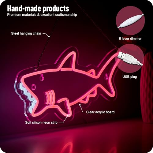 Image of Pink shark neon sign for wall decor cute pink shark LED light wih Dimmer