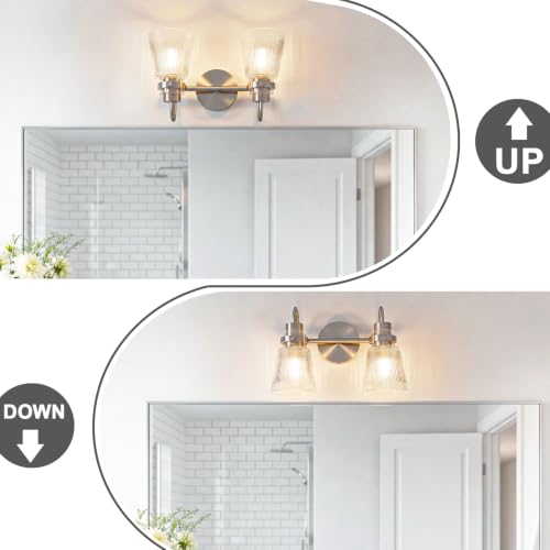 Image of 2-Light Brushed Nickel Bathroom Light Fixtures 13.8 Inch Vanity Lights for Bathroom Lighting Fixtures Over Mirror with Clear Striped Glass Shade for Bedroom Hallway Cabinet Porch