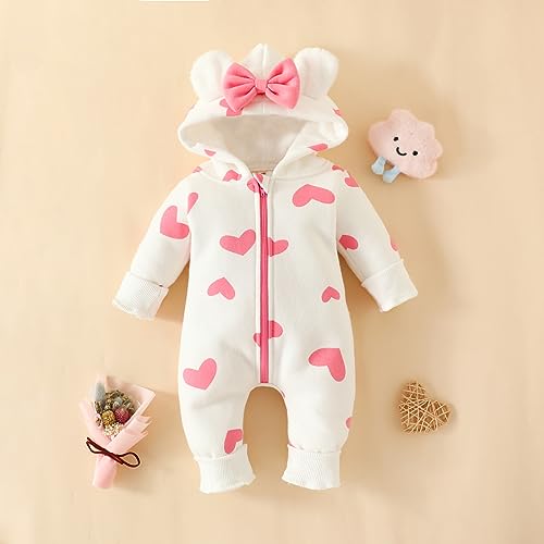 Newborn Baby Girl Hooded Jumpsuit Heart Cow Zip Up Long Sleeve Infant One Piece Romper Snowsuit Valentines Outfit4