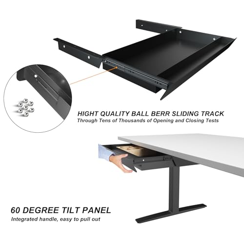 Image of Large Under Desk Mounted Sliding Drawer with Bamboo Tray and 60 Degree Tilt Panel to Pull Out, 22'' Long & 13'' deep Large Storage Organizer for Sit Stand Workstation