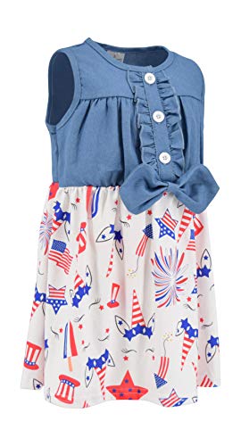Image of Unique Baby Girls Sleeveless Denim Dress with Knot Tie and Fun Print for Toddler and Big Kids