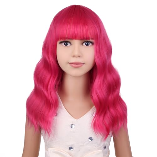 Image of PATTNIUM Hot Pink Wig for Kids Short Wavy Wig Neon Pink Wigs with Bangs Girls Magenta Cosplay Halloween Party Costume Wigs
