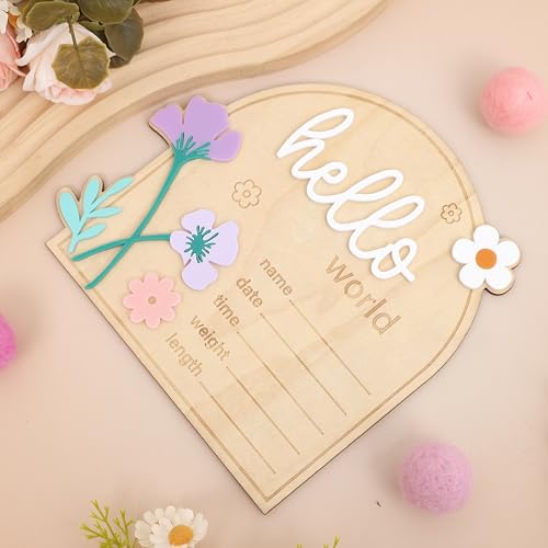 Image of Daisy Hello World Wooden Card - Baby Girls Birth Announcement Board,Newborn Information Record For Hospitals,Daisy Milestone Card Photo Props,Welcome Baby Party Nursery Decorations (hello world card)