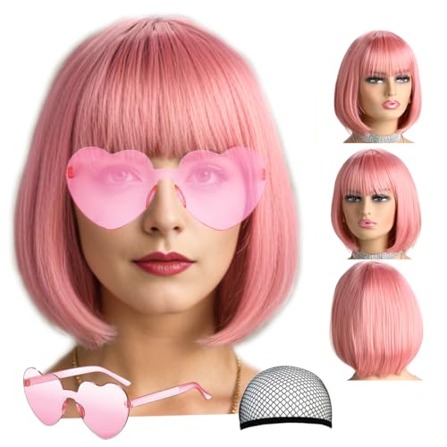 Image of LIULIUBTY Short Bob Hair Wigs Straight with Flat Bangs Synthetic Colorful Cosplay Daily Party Neon Wig for Women + Free Wig Cap 12 inch Natural As Real (Dusty Rose Pink)