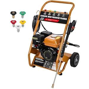 ISINEVER Benzin Hochdruckreiniger 3950 PSI (272 bar) | 6,  PS 4-Takt Motor | 8m Hochdruckschlauch mit 5 Düsen | 2,  GPM 10 L/min | Outdoor Reinigung für Auto Terrasse Fassade Einfahrt Gelb-Schwarz
