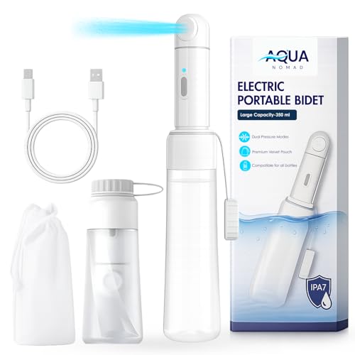 AquaNomad Portable Bidet with 350ML Bottle - USB-Type C Portable Travel Bidet Electric Dual Pressure Travel Bidet with LED Light - Waterproof Portable Shattaf Bidet Sprayer for Toilet Travel