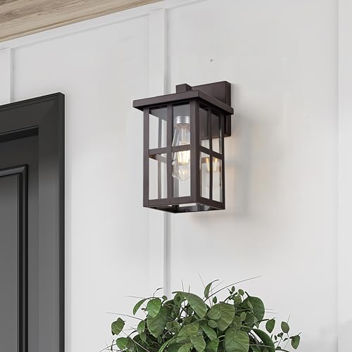 Image of MICSIU 2 Pack Bronze Outdoor Wall Light Fixtures, 11 inch Modern Farmhouse | No Assembly Required, Clear Glass, Anti-Rust, Front Porch Light For House Porch Garage