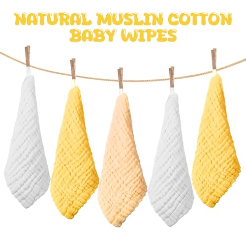 Image of Breling 20 Pcs Baby Muslin Washcloth 12 x 12 Inch 100% Cotton Soft and Absorbent Muslin Washcloth Burp Cloth Wipe Newborn Face Towel for Baby Boy Girl Sensitive Skin(White, Light Yellow, Yellow)
