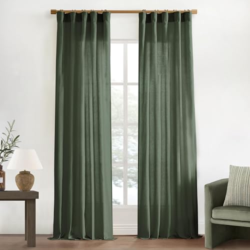 Image of XTMYI Drapes Curtains for Living Room,2 Panels Set Linen Semi Sheer Boho Back Tab Pleated Window Treatments for Bedroom,Olive Green,40x86 in Long