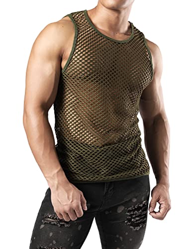 Jogal Men's Mesh Fishnet Fitted Sleeveless Muscle Top Xx-Large Wg01 Armygreen #TOP4